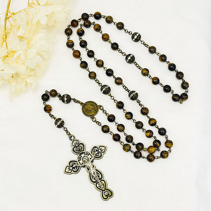 Tiger Eye Cross Pendant Rosary Necklace