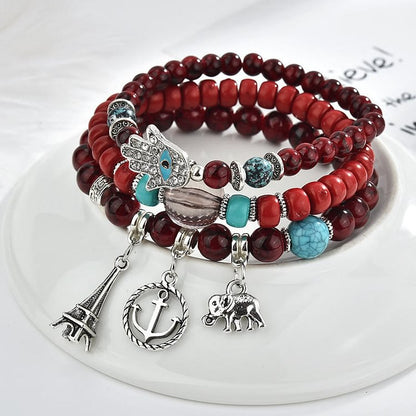 Elephant Tower Evil Eye Hamsa Bracelet Set