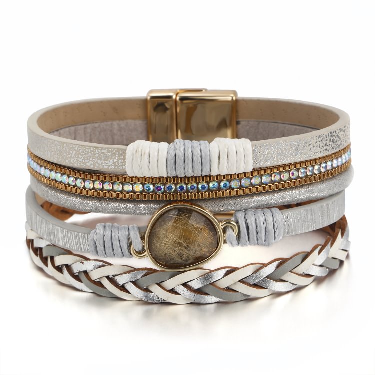 Golden Rutilated Quartz Woven Multi-layered Leather Bracelet