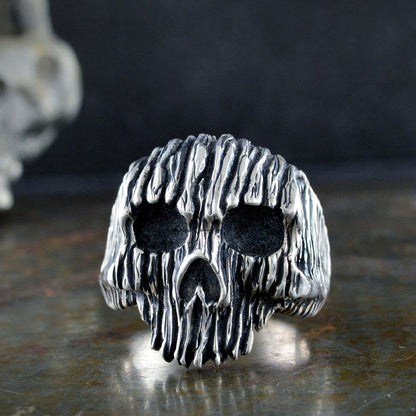 Cool Silver Striped Skull Ring