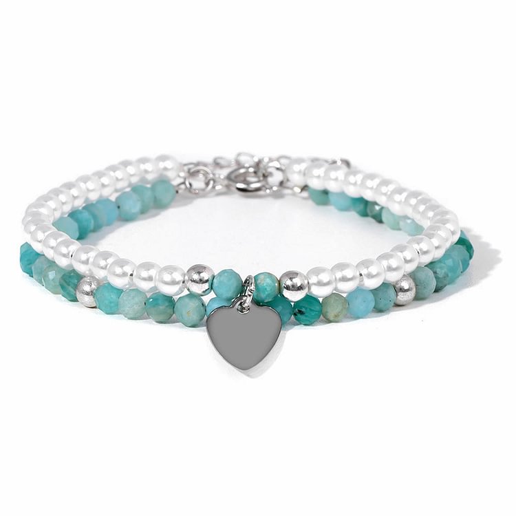 Faceted Stone Pearl Heart Charm Double Layer Bracelet