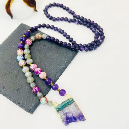 Rainbow Fluorite Labradorite Amethyst Emperor Mala Beaded Necklace