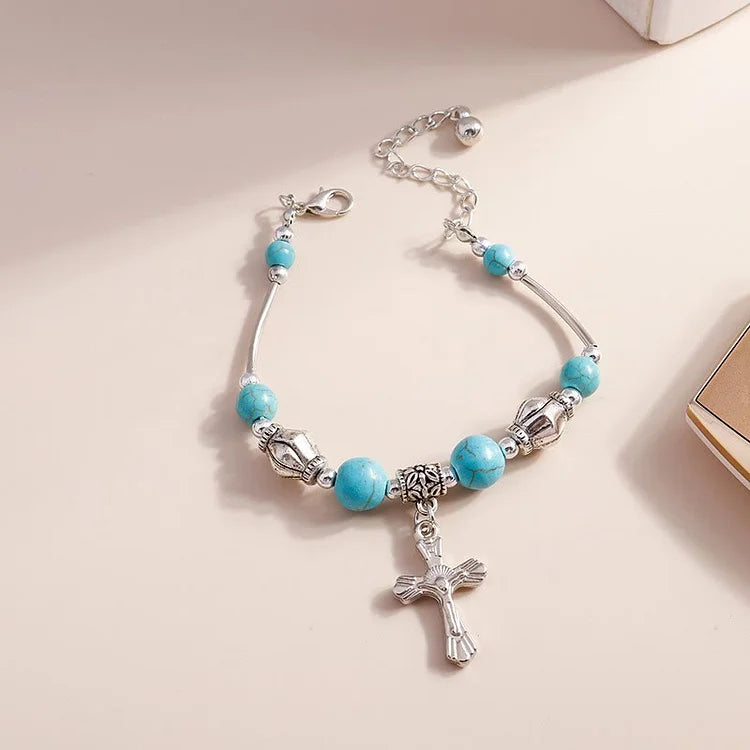 Turquoise Beaded Silver Cross Pendant Bracelet