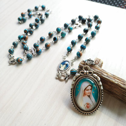 Azurite Malachite Lady Holy Medal Pendant Rosary Necklace