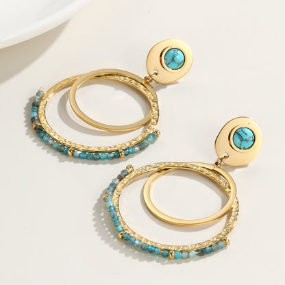 Blue Zircon Beaded Circle Titanium Steel Earrings