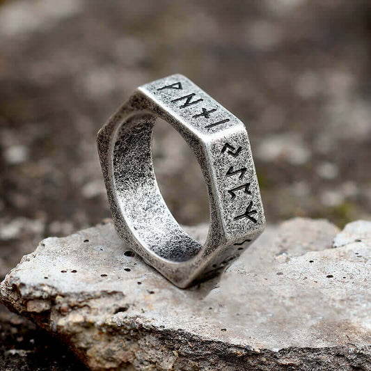 Viking Runes Hexagon Stainless Steel Geometric Ring