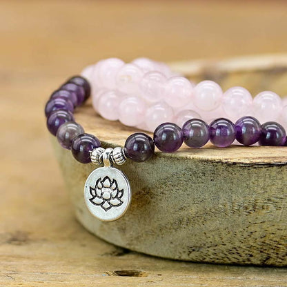 Amethyst Rose Quartz Lotus Symbol Bracelet Necklace