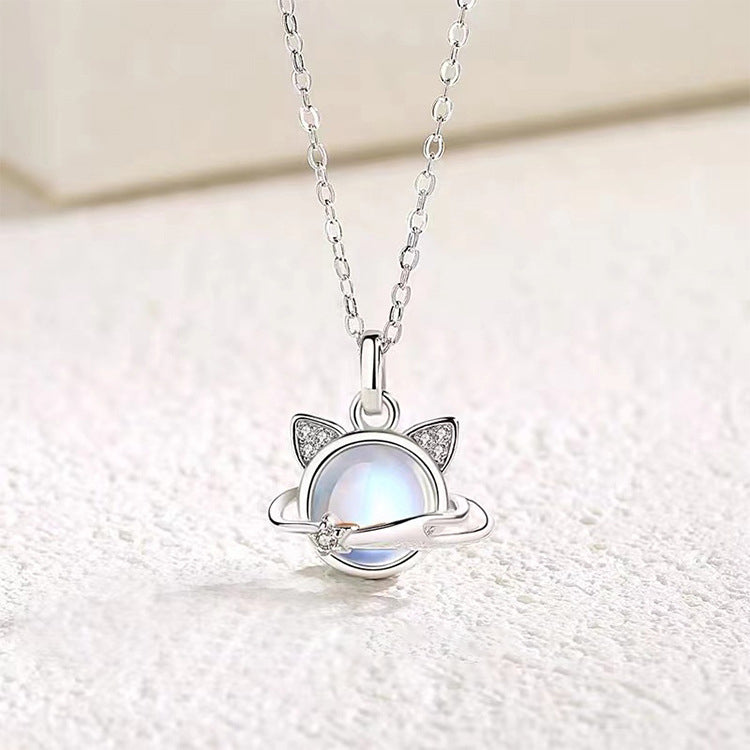 Planet Cat Moonstone Pendant Necklace