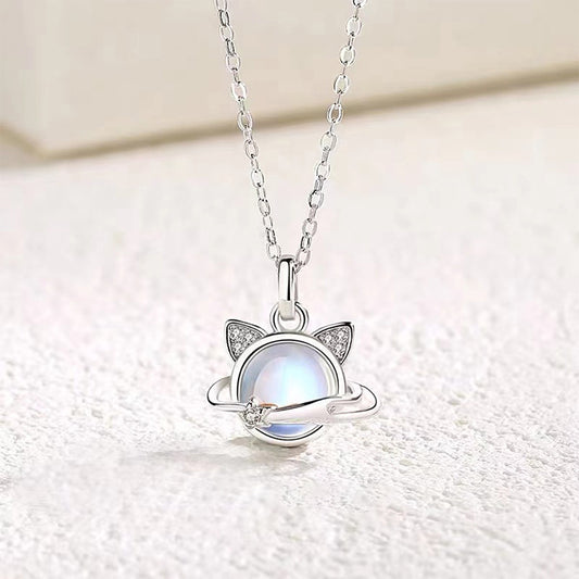 Planet Cat Moonstone Pendant Necklace