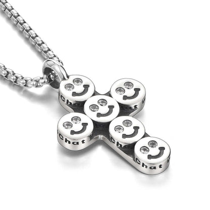 Round Smiling Face Sterling Silver Cross Pendants Necklace