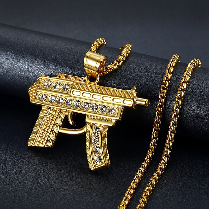 Hip Hop Jewelry Gold Plated Zircon Submachine Gun Pendant