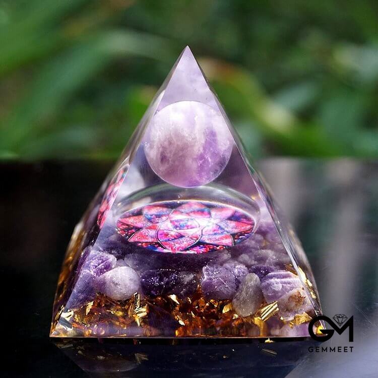 Amethyst Sphere with Amethyst Crystals Orgone Pyramid