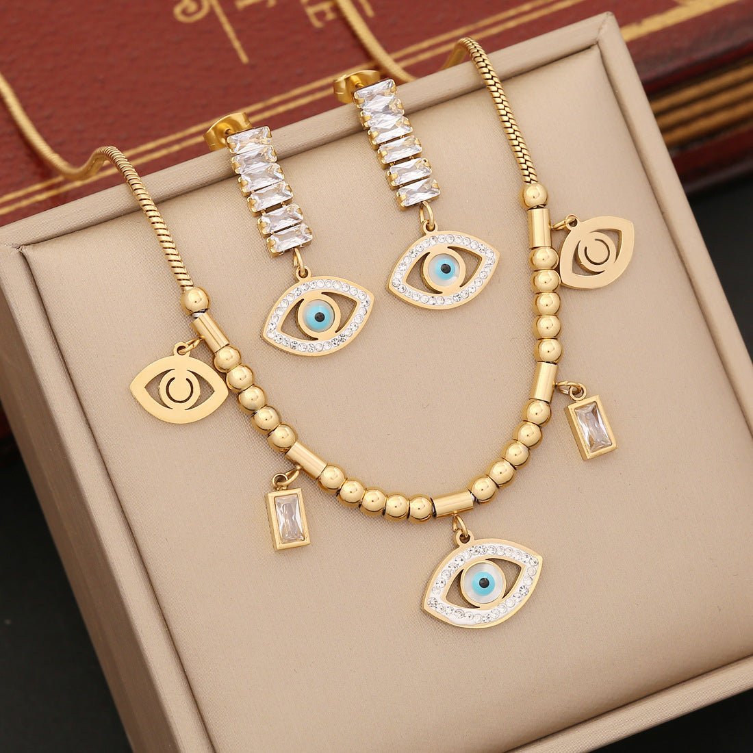 Hollow Evil Eye Golden Bead Pendant Bracelet Necklace & Earrings