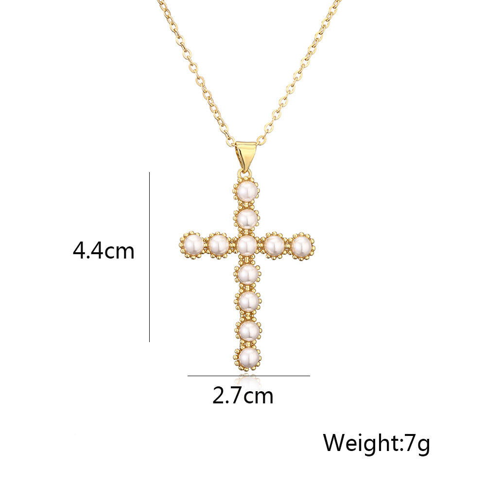 Full Pearls Cross Shape Pendant Necklace