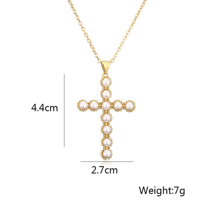 Full Pearls Cross Shape Pendant Necklace