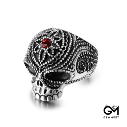 Titanium Steel Skull Ghost Head Flower Red Zircon Ring