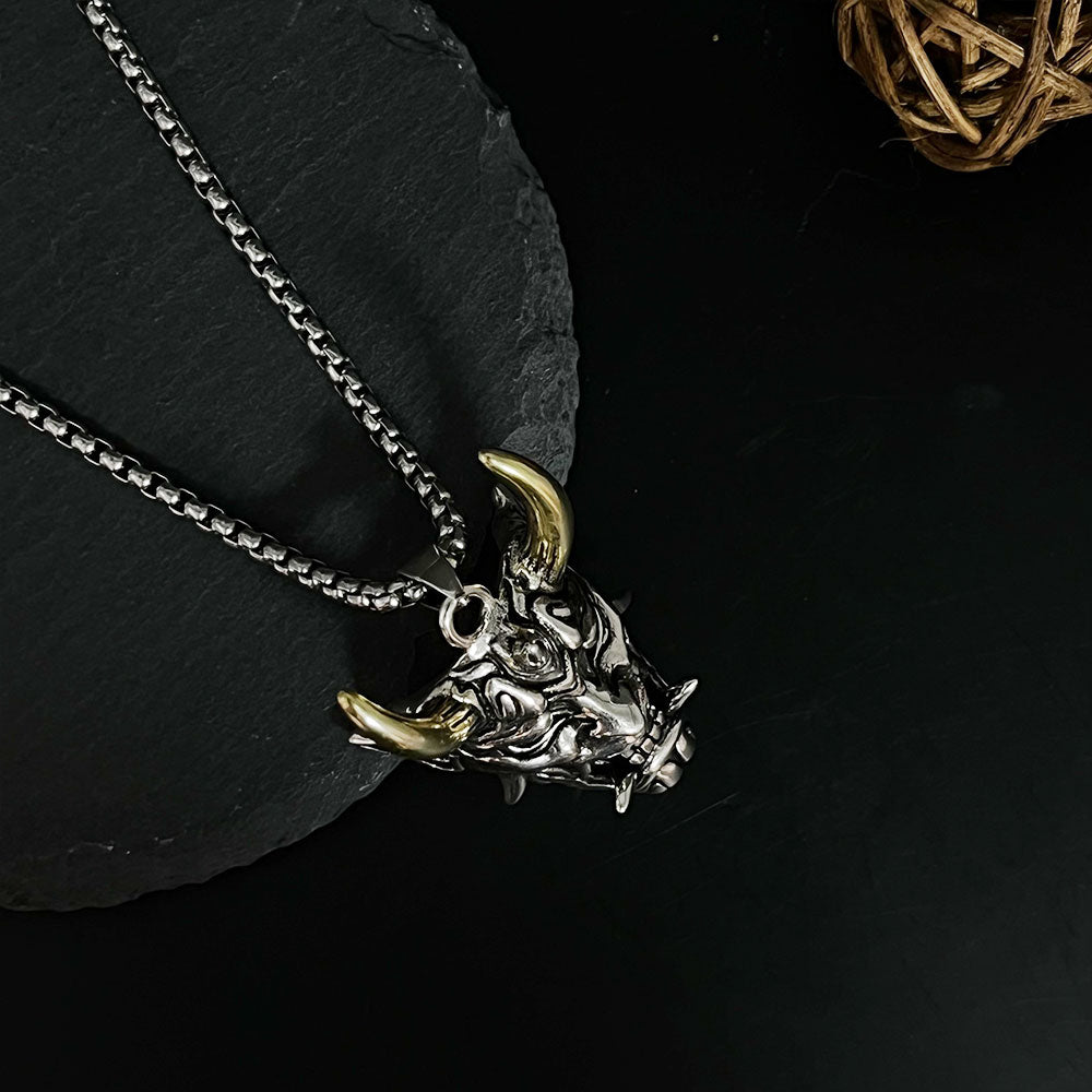 Men's Golden Horned Man Ghost Mask Necklace