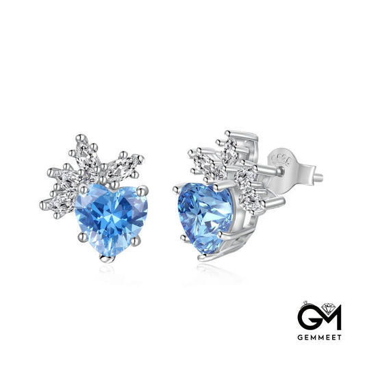 S925 Sterling Silver Sea Blue Heart Stud Earrings