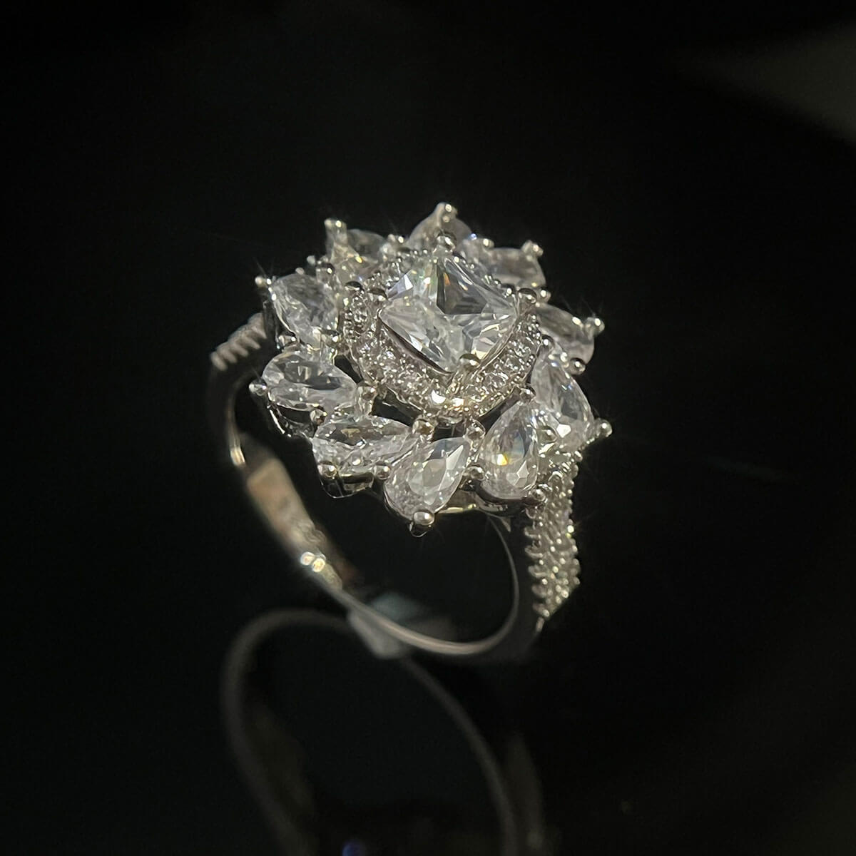 White Gold Big Flower Halo Full Stones Ring