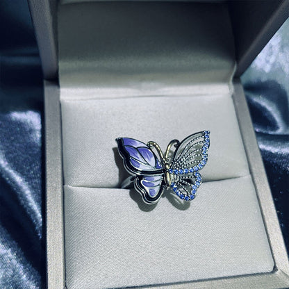 Sweet and Delicate Hollow Diamond Enamel Butterfly Ring