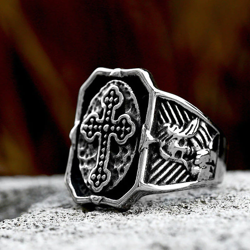 Vintage Stainless Steel Masonic Cross Skull Ring