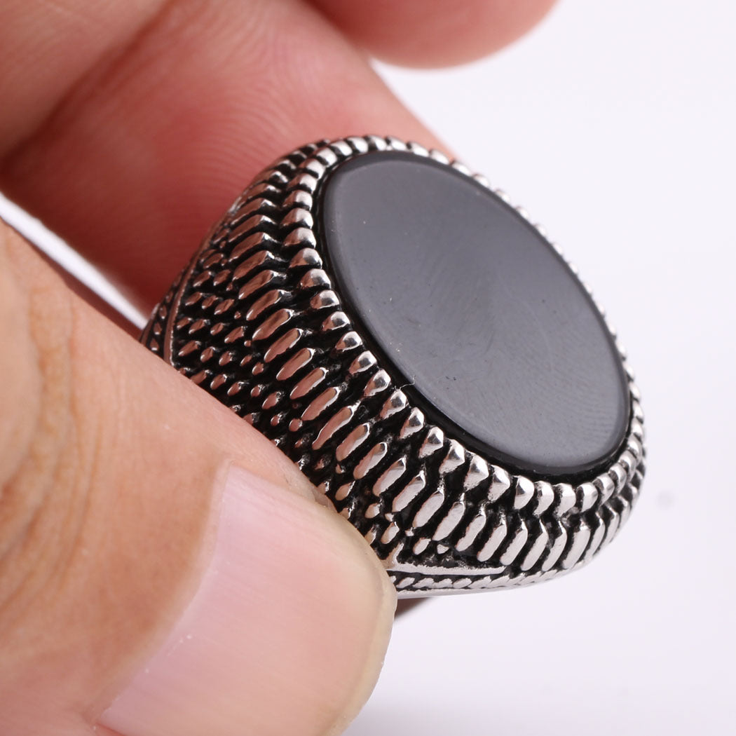 Vintage Stainless Steel Black Stone Ring for Men