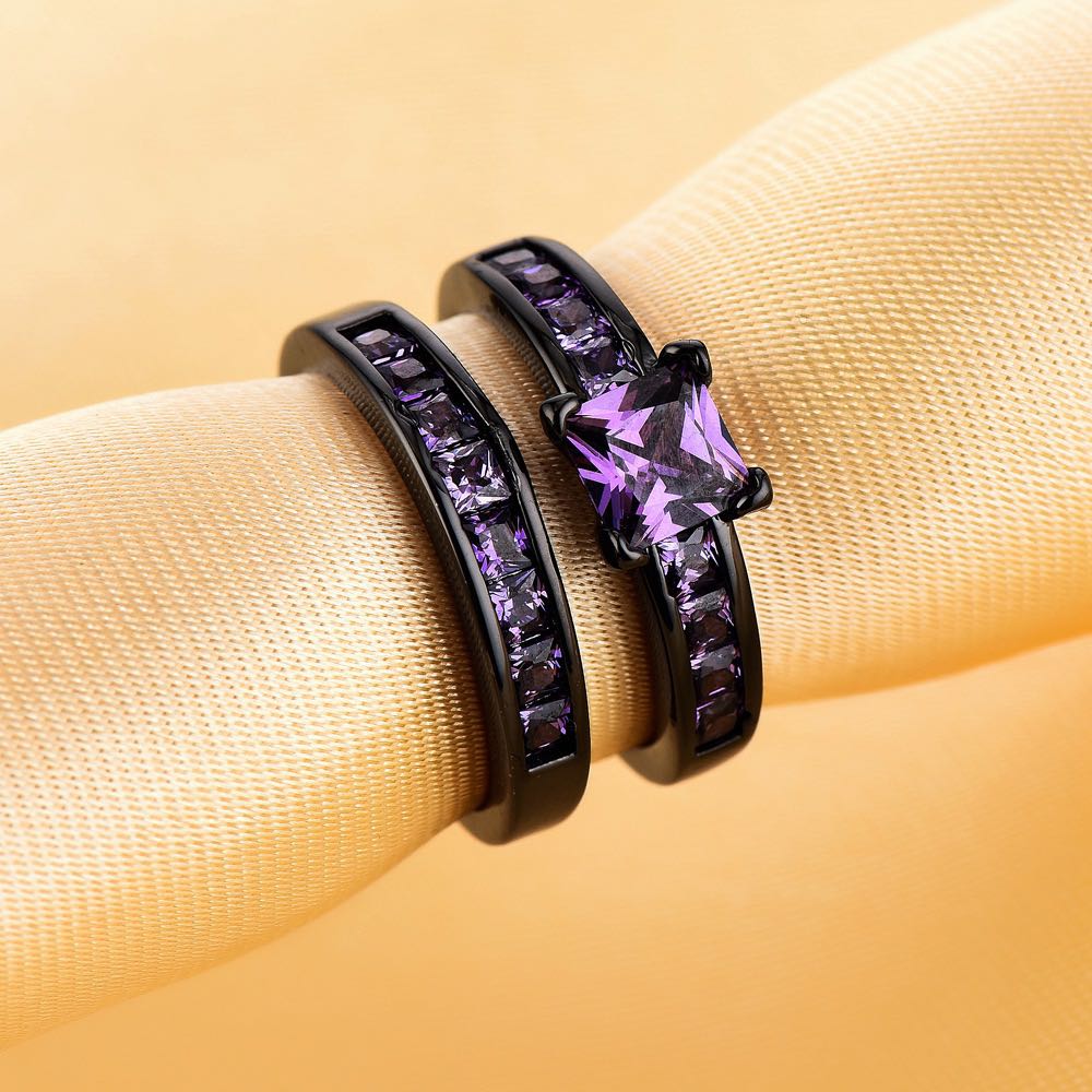 Black Gold Double Layer Purple Stones Love Couple Rings