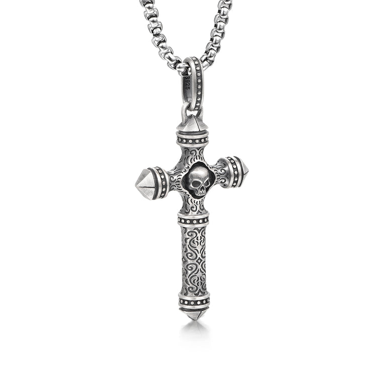 Sterling Silver Columnar Skull Cross Pendants Necklace