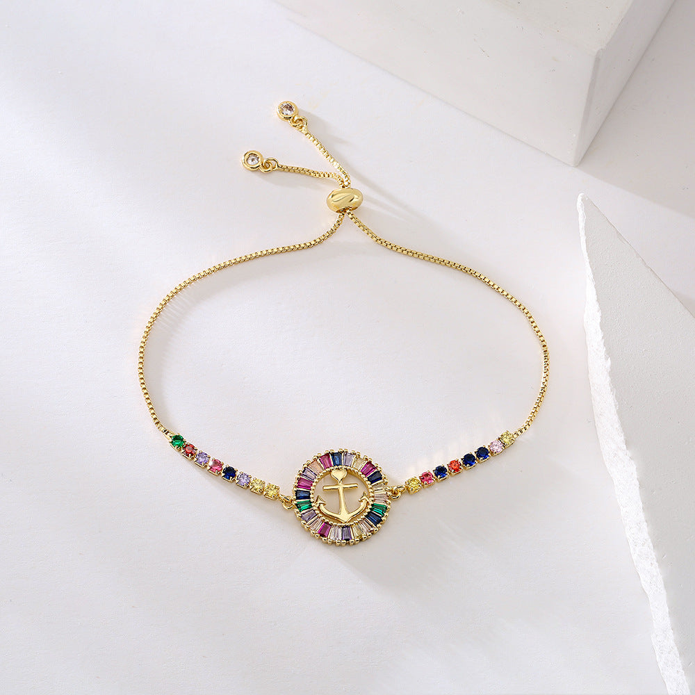 Hollow Halo Colors Stones Ship Anchor Pendant Bracelet