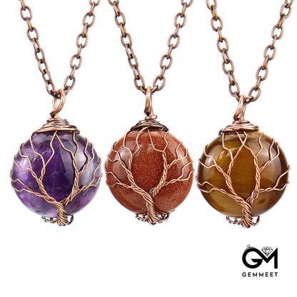 Round Crystal Tree of Life Pendant Necklace