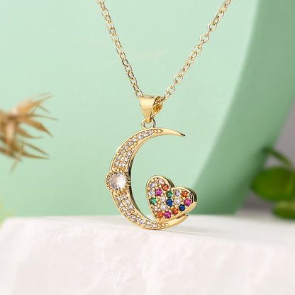 Full Stones Rabbit & Heart Moon Pendant Necklace