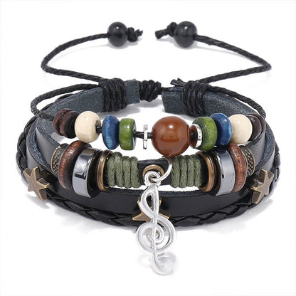 Simple Layered Beaded Leather Statement Musical Note Charm Music Festival Bracelet