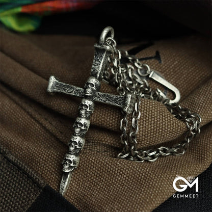 Punk Skull Nail Cross Pendant Necklace