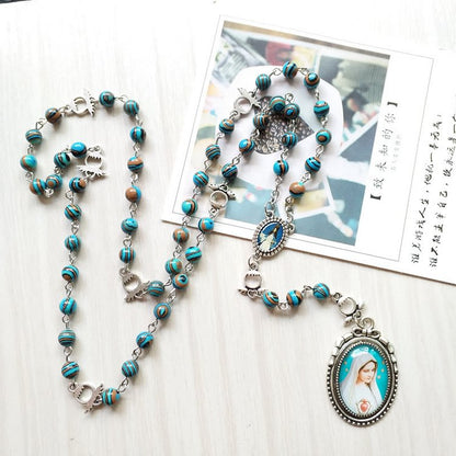 Azurite Malachite Lady Holy Medal Pendant Rosary Necklace