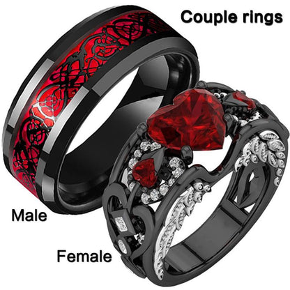 Black Gold Heart Shape Red Stones Love Couple Rings