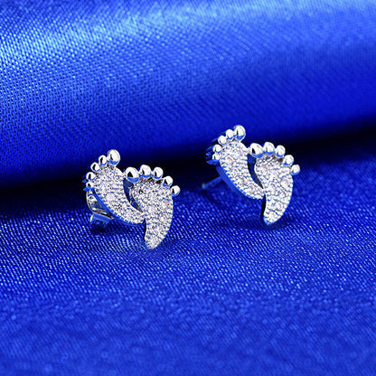 S925 Cute Feet Full Stones Stud Earrings