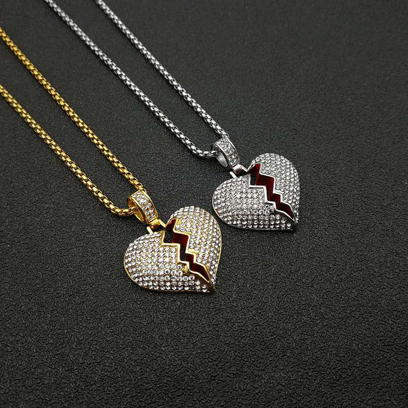 Hip Hop Gold Plated Zirconia Red Rubber Broken Heart Pendant