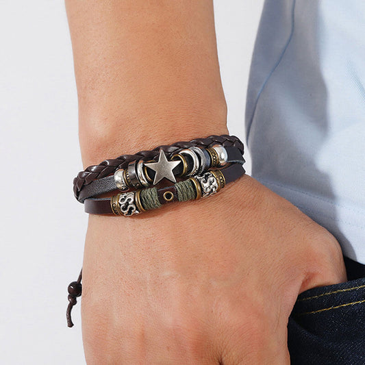 Beaded Star Layered Leather Bracelet