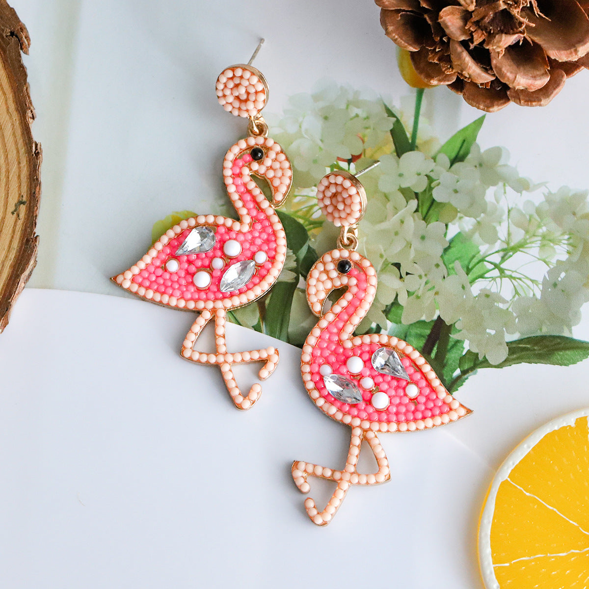 Cartoon Flamingo Creative Personalized Rice Beads Inlaid Zircon Earrings