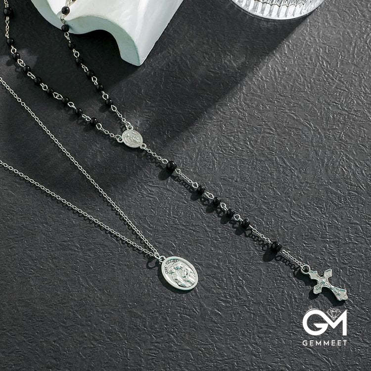 Obsidian Beaded Cross Rose Necklace