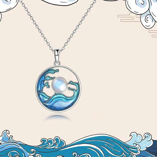 Moon on the Sea Moonstone Enamel Pendant Necklace