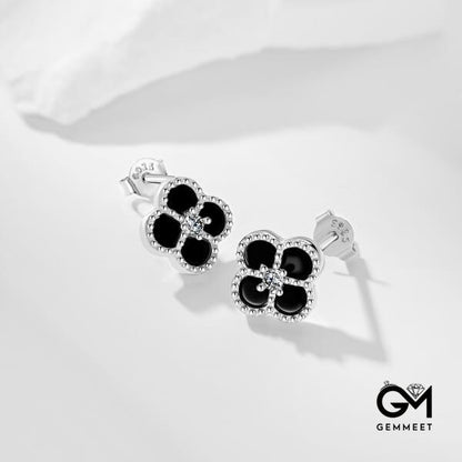 S925 Sterling Silver Black Agate Four-leaf Clover Earrings