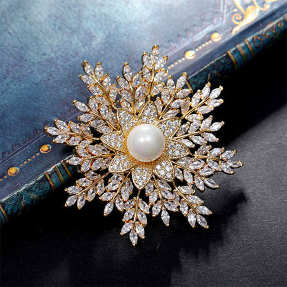 Golden Shinny Pearl Full Stone Snowflake Brooch