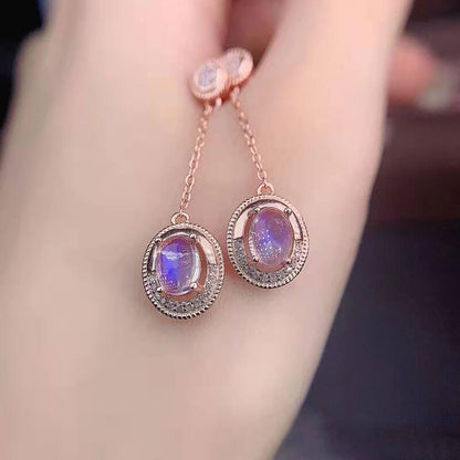 Oval Cut Moonstone Halo Drop Earrings