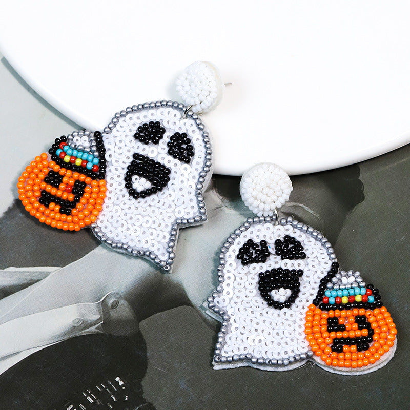 Halloween Cute Spooky Pumpkin Head Hand-Sewn Rice Bead Earrings