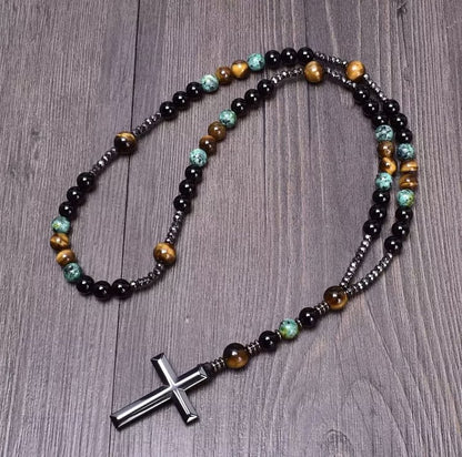 Cross Catholic Natural Stone Rosary Pendant Necklace