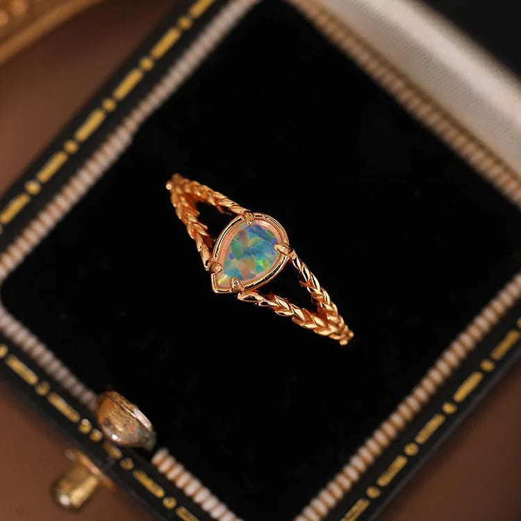 Opal Stone Gold Hollow Wheat Ring