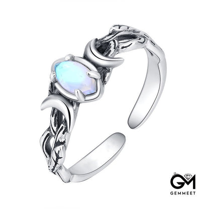 S925 Moonstone Bohemian Crescent Star Ring