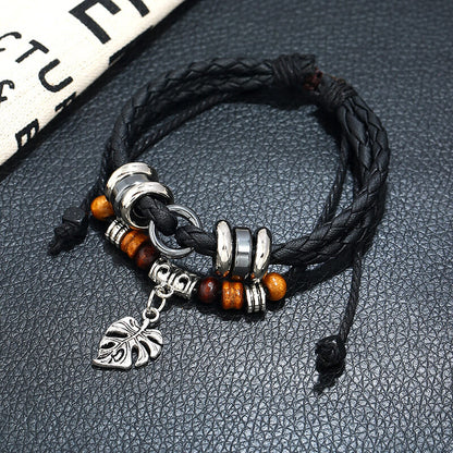 Layered Braided Leaf Pendant Men's Bracelet