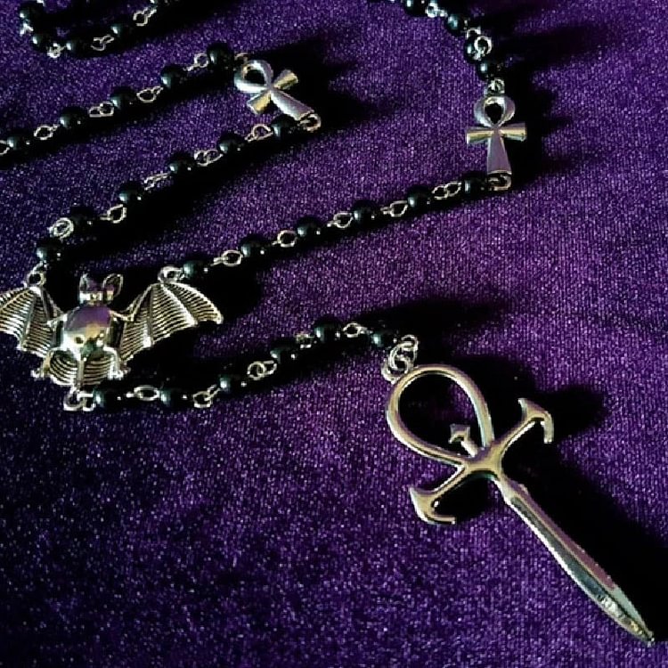 "Mysterious Vampire" Bat Rosary Cross Necklace